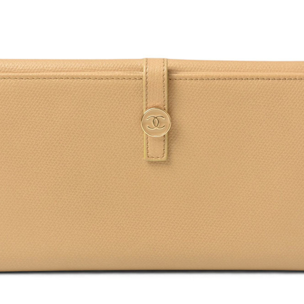 Chanel wallet, CHANEL Coco Button bi-fold long leather, beige, women's.